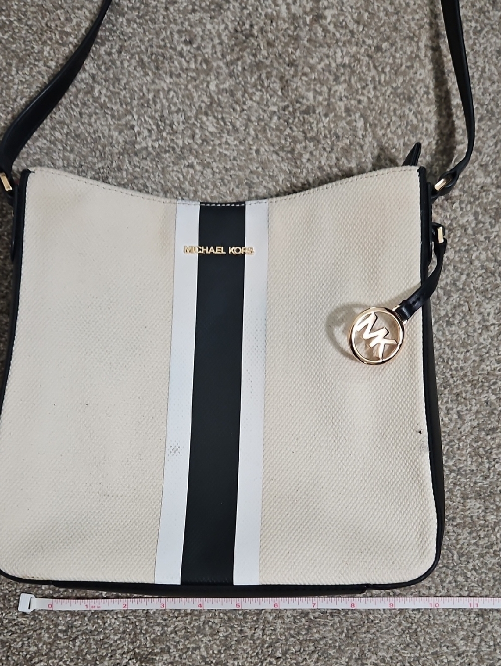 Michael Kors Cream and Black Canvas Crossbody with Gold Charm